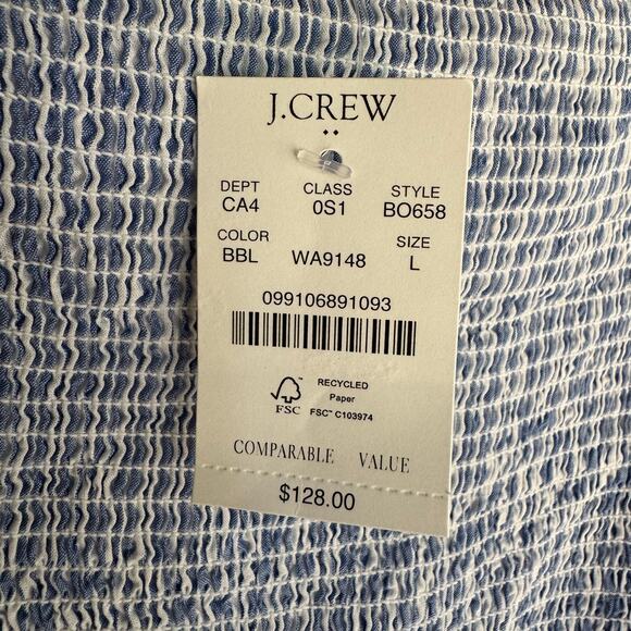 J. Crew Dress Striped Puff Sleeved Midi Blue White Summer Smocked NWT Large - Picture 7 of 8